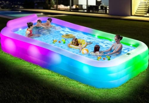 Large Inflatable Pool with Lights - 145'' X 74'' X 22'', Thickened Blow Up Pool with Seats & Backrest for Adults, 7 Color Big Swimming Pool for Family Water Party Backyard Summer - Image 1