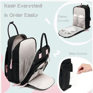LORADI 18 Pockets Large Diaper Bag Backpack with Waterproof Pockets and Stroller Buckle, Convertible Baby Bag (Black, Large) - Image 3
