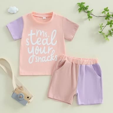 FOCUSNORM Toddler Baby Girls Summer Clothes Letter Short Sleeve T-shirt Top Shorts Sets Cute Newborn Infant Outfits 6M-3T (Contrast Pink, 6-12 Months) - Image 5