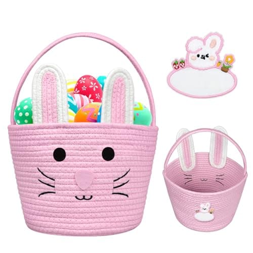Brbecon Easter Bunny Basket for Kids with Name Tag, Pink Small Woven Easter Basket for Girls, Easter Egg Hunt Baskets Bags Easter Gifts Basket for Girls Baby Kids Children 9.8 x 7.8 x 7.8" - Image 1
