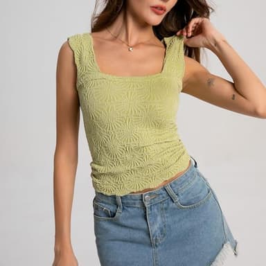 Women Square Neck Crop Tank Tops FP Dupes Love Letter Cami Going Out Tops Slim Fit Lettuce Trim Crop Tops Green, M/L - Image 2