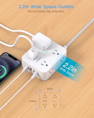Flat Plug Extension Cord with Multiple Outlets, HANYCONY 1080J Surge Protector Power Strip with 8 AC Outlets 4 USB Ports (2 USB-C), 3-Sided Outlet Extender Ideal for Home Office Dorm Room Essentials - Image 5