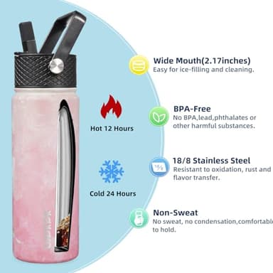 BJPKPK 2 Pack Insulated Water Bottles with Straw Lids, 22oz Stainless Steel Metal Water Bottle with 6 Lids, Leak Proof BPA Free Thermo, Cups, Flasks for Travel, Sports (Blossom+Ocean) - Image 2