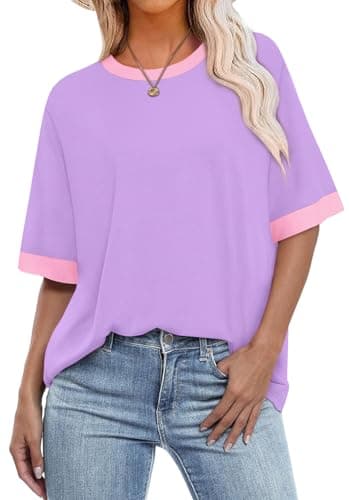 OFEEFAN Fashion Clothing Summer Shirts for Women Short Sleeve T-Shirts Womens Tank Tops Oversized Tshirts Z-Violet XL - Image 1