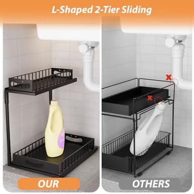 2-Tier Slide-Out Under Sink Organizer Storage Shelf with Smiley Handles, Heavy Duty Metal Slide Out Pull Out Cabinet Shelves, Rustproof Kitchen Bathroom Pantry Storage, Space Saving Design, 2 Pack - Image 4