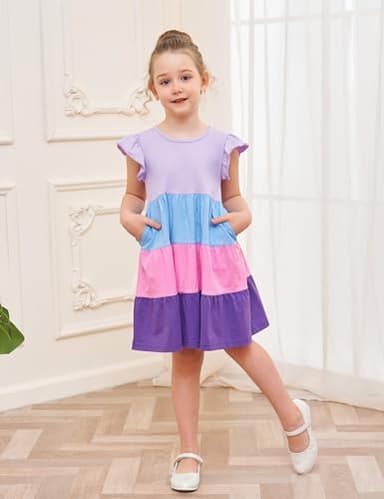 Little Girl Summer Dress Cotton Pocket Easter Ruffle Short Sleeve Tiered Swing Twirly Casual Sundress Dresses for Girls Clothes Outfits Clothing Color Block Lilac 6-7 Years - Image 3