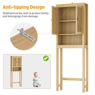 knoworld Rattan Over The Toilet Storage Cabinet, Above Toilet Bathroom Organizer with Adjustable Shelf, Behind Toilet Cabinet, Space Saver for Restroom, Bathroom, Laundry, Wood Rack, Natural - Image 8