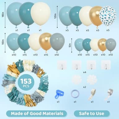 Amandir 153pcs Dusty Blue Balloon Garland Arch Kit, Different Sizes 18 12 10 5 inch Slate Fog Blue Ivory Latex Metallic Confetti Balloons for Boys Birthday Baby Shower Ocean Theme Party Decorations - Image 4