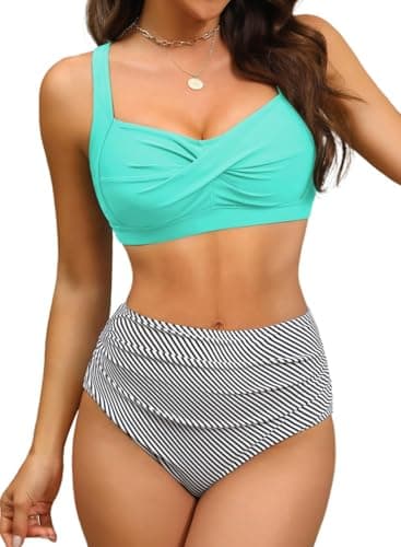 Amy Babe Women's Twist Front Full Coverage Swimsuit V Neck Padded High Waisted Ruched Bikini Set Two Piece Bathing Suit - Image 1