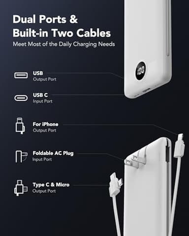 VRURC Portable Charger 10000mAh, Slim Portable Charger with Wall Plug, 22.5W USB Port Fast Charging Power Bank with Cables, 4 Outputs 2 Inputs Travel Essentials Battery for Smartphones-White (1 Pack) - Image 2
