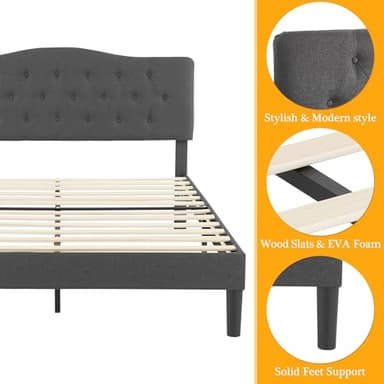 VECELO Full Size Bed Frame Upholstered Platform with Tufted Adjustable Headboard/Mattress Foundation Wood Slat Support/Easy Assembly,Grey - Image 9