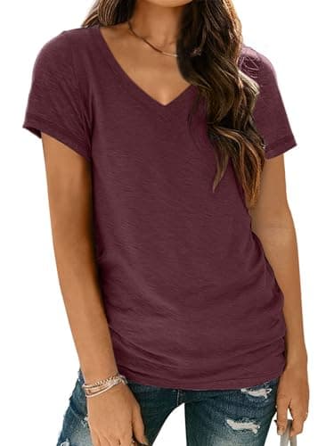 AUTOMET Short Sleeve Casual Tunic Tees Tops V Neck T-Shirts Womens Fashion Trendy Comfy Summer Outfits Clothes 2025 WineRed XL - Image 1