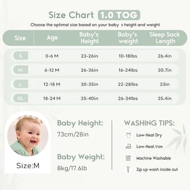 Yoofoss Rayon Made from Bamboo Baby Sleep Sack 0-6 Months 1.0 Tog Baby Wearable Blanket, Super Soft Infant Toddler Sleeping Sack 2-Way Zipper - Image 6