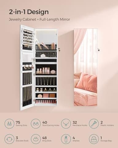 SONGMICS 55 Inches Tall Spacious Jewelry Cabinet, Jewelry Armoire with Light-Up Interior Mirror, Wall or Door Mounted Jewelry Storage Organizer, Lockable, Gift Idea, Cloud White UJJC032W01 - Image 5