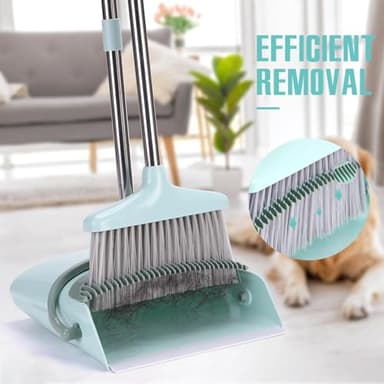 XXXFLOWER Broom and Dustpan Set with Cleaning Teeth, 55" Long Handle Indoor Sweeping Combo for Home Office Kitchen, Bluish Green - Image 3