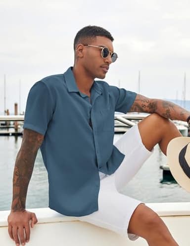 COOFANDY Shirts for Men Linen Shirts Short Sleeve Button Up Business Casual Shirts Summer Shirts Grey Blue - Image 4