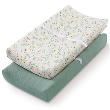 Blissful Diary Muslin Changing Pad Cover for Girls Boys, Ultra Soft Breathable Cotton, Baby Diaper Change Table Pad Covers, 2Pack (Roman Green&Leaf) - Image 1
