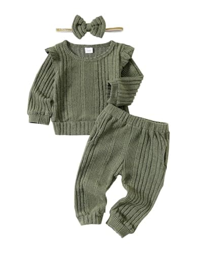 Mioglrie Baby Girl Clothes 12-18 Month Fall Winter Outfits Infant Sweatsuit Newborn Sweatshirt Fleece Ruffle Green Sweat Pant Set for 1 Year Old Girls Clothing - Image 1