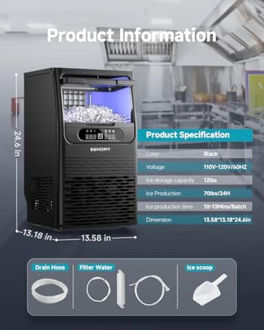 EUHOMY Commercial Ice Maker Machine,70lbs/24H,36 Ice Cubes in 8-12 Mins,Under Counter Ice Maker with Water Filter,12lbs Storage Capacity,Freestanding Ice Machine for Home/Bar/Cafe/Restaurant - Image 7