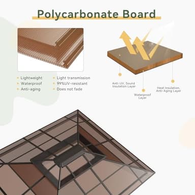 Aoxun 12'x10' Hardtop Gazebo, Aluminum Frame Permanent Pavilion with Curtains and Netting, Outdoor Polycarbonate Double Roof Canopy, Designed for Garden, Lawns, Patio, Brown - Image 7