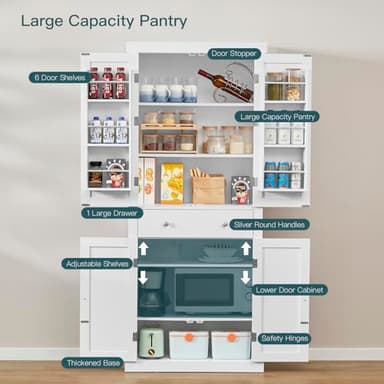 usikey 72” Pantry Cabinet, Tall Kitchen Storage Cabinet with 4 Doors and 1 Drawer, Cupboard with 6 Hanging Shelves and Adjustable Shelves for Kitchen, Dining Room, Living Room, White - Image 5