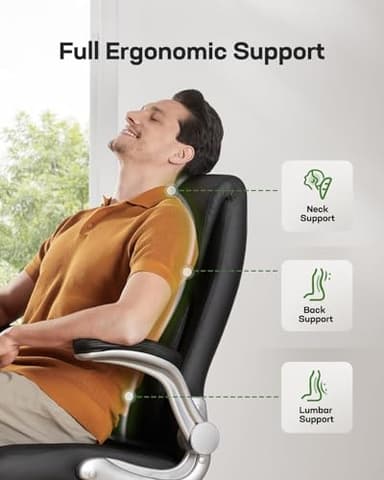 Marsail Ergonomic PU-Leather Office Chair: 5 Settings Lumbar Support, Executive Office Chair Height Adjustable with Padded Flip-up Arms, Executive Desk Chair for Working Study-Black - Image 5