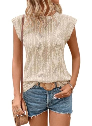 SHEWIN Spring Tops for Women Fashion Crewneck Short Sleeve Shirts Lightweight Comfy Soft Crochet Tops for Women Apricot Medium - Image 6