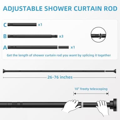 Shower Curtain Rod 26-76 Inch, Non-Slip Spring Tension Shower Rod, Stainless Steel Adjustable Telescoping Rod, 1 Inch Diameter No-Drilling Curtain Rods for Bathroom, Window, Wardrobe, Room Divider - Image 4