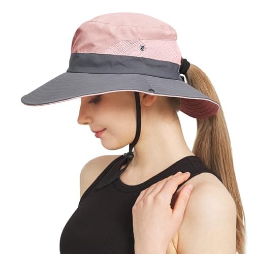NPQQUAN Ponytail Sun Bucket Hat for Women Men Wide Brim UPF 50+ Fishing & Beach Hats Pink/Grey - Image 1