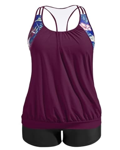Holipick Purple Floral Plus Size Tankini Swimsuit for Women Two Piece Tummy Control Bathing Suit Blouson Racerback Tankini Top with Shorts 20W - Image 1