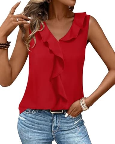Gaharu Sleeveless Blouse Tops: Dressy Casual Chiffon Shirt - V Neck Ruffles for Office Wear Under Blazers - Fashion Women Essentials Red M - Image 5