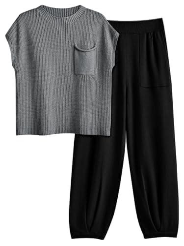 LILLUSORY Two 2 Piece Sets Womens 2025 Spring Summer Matching Lounge Sweatsuits Sweat Suits Trendy Travel Beach Vacation Fashion Resort Wear Outfits Knit Loungewear Clothes Clothing Black Grey XL - Image 1