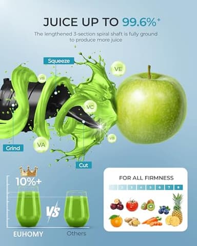 Cold Press Juicer Machines, EUHOMY 5.5" Wide Feed Chute, Slow Masticating Juicer for Whole Vegetables and Fruits, 99.6% High Juice Yield, Easy to clean, Juicer Machines with BPA Free, Black - Image 4