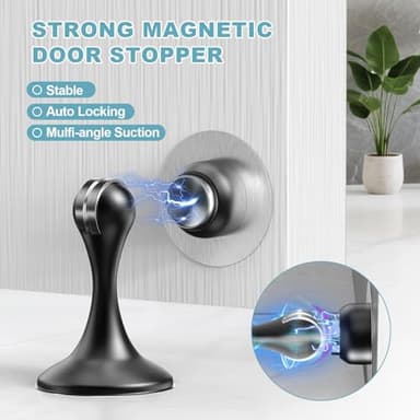 Profasion 2 Pack Magnetic Door Stoppers, Stainless Steel Door Stops for Wall and Floor Mounting, Door Holder Keep Door Open, No Drilling Door Stop with 3D Adhesive Tapes, Black - Image 2