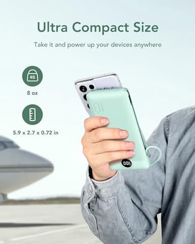 VEGER Portable Charger for iPhone with Built in Cables and Wall Plug, 10000mah Slim Fast Charging USB C Power Bank, Travel Essential Battery Pack Compatible with iPhone, iPad, Samsung etc(Green) - Image 8