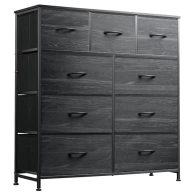 WLIVE 9-Drawer Dresser, Fabric Storage Tower for Bedroom, Entryway, Closet, Tall Chest Organizer Unit with Fabric Bins, Steel Frame, Wood Top, Easy Pull Handle, Charcoal Black Wood Grain Print - Image 1