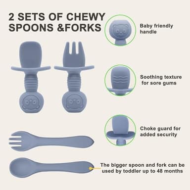 Munlinder Silicone Baby Feeding Set | Baby Led Weaning Supplies Includes Suction Bowls and Divided Plates, Adjustable Bib, Baby Utensils Spoons and Forks,Cup | Baby Feeding Essentials (Blue Gray) - Image 7