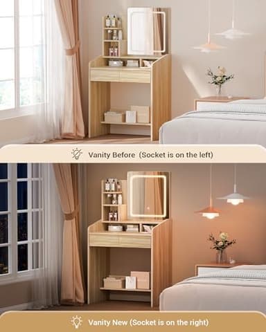 LIVELYGLOW Small Makeup Vanity Desk with Lighted Mirror, Wooden, 23.62" W x 15.74" D x 53.93" H (Smart LED Mirror, Open Shelves, 2 Drawers) - Image 7