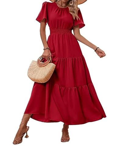 PRETTYGARDEN Women's Summer Casual Short Flutter Sleeve Round Neck Smocked Waist Tiered Boho Floral Flowy Maxi Dress(Solid Red,X-Large) - Image 1