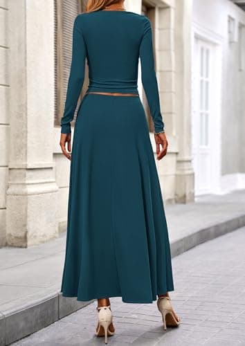 PRETTYGARDEN Women Fall Spring 2 Piece Outfits Dressy Casual Ribbed Knit Long Sleeve Crop Top Maxi Flowy Skirts Matching Sets (Lake Blue,Medium) - Image 2