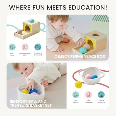 Tiny Land Montessori Toy Set for Babies 7-9 Months Senser Play Kit - 5-in-1 Wooden Learning Toys with Object Permanence Box, Sensory Ball, Stacking Cups and Mirror Puzzle,Body Board Book - Image 4