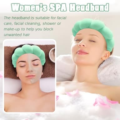 Zkptops Spa Headband for Washing Face Wristband Set Sponge Makeup Skincare Headband Wrist Towels Bubble Soft Hairband for Women Puffy Headwear Winter Non Slip Thick Thin Hair Accessory(Light Green-3) - Image 3