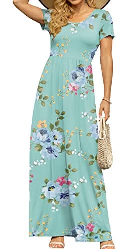 DB MOON Womens 2025 Casual Summer Maxi Dresses Short Sleeve Empire Waist Spring Long Dress with Pockets(Mint Green Floral, S) - Image 1