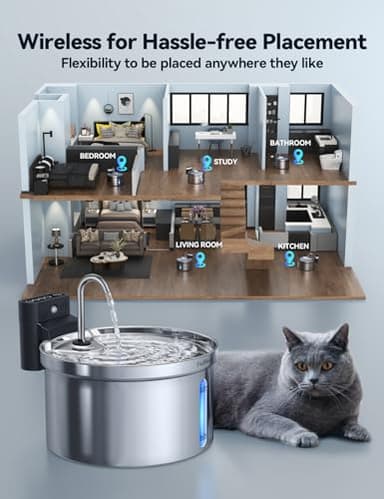 Wireless Cat Water Fountain Stainless Steel [Water & Battery Separation] FEELNEEDY Smart Pet Water Fountain, 4000mAh Battery Operated Water Fountain for Cats Dogs 3.5L/118oz + 6 Filters - Image 3