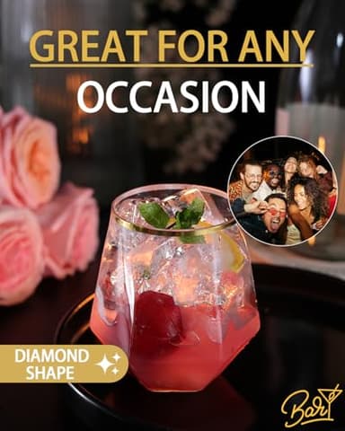 Maaacute 40 Pcak Plastic Stemless Wine cocktail Whiskey Champagne Glasses, 12 Oz Gold Rim Disposable Clear Unbreakable Cups for Party Bars Wedding Tasting (Diamond-shaped) - Image 4