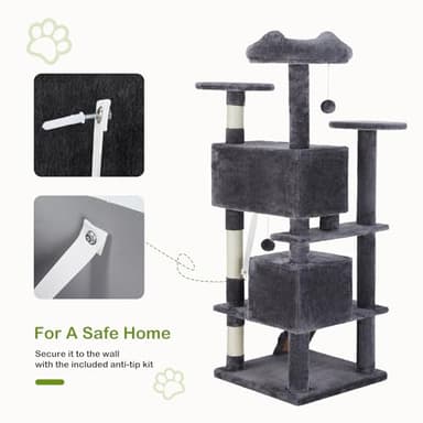 DUMOS 54-inch Indoor Cat Tree Tower –Multi-Level Pet House for Large Cats with 2 Condos, Scratching Posts, Round Platform, Small Ladder, and Toys – Perfect for Cats of All Ages, Dark Grey - Image 5