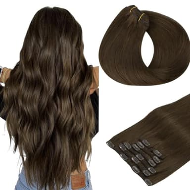 HOTBANANA Human Hair Clip in Hair Extensions, Chocolate Brown 120g Clip in Hair Extensions Real Human Hair Straight Remy Hair Clip in Hair Extensions 24 Inch 7pcs - Image 1