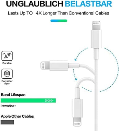 RCTech USB C to Lightning Cable 3Pack 6FT [MFi Certified] iPhone Fast Charger Cable USB-C Power Delivery Charging Cord for iPhone 14/13/12/11/XS/XR/X/8/iPad, White - Image 4
