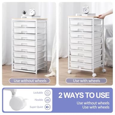 SYKIARIOL Rolling Storage Cart with Drawers,Utility Cart With 8 Drawers and Wooden Tabletop,Rolling Drawer Cart,Storage Drawer Cart for Living Room,Classroom,Bedroom,Bathroom,Dorm,Office,White - Image 4