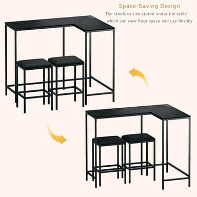 HUAHUU Bar Table and Chairs Set for 2-4, 63'' Convertible L-Shaped Kitchen Table with Power Outlets, 3 Piece Counter Height Small Dining Table with 2 Stools, Space Saving, Breakfast Nook Corner, Black - Image 7